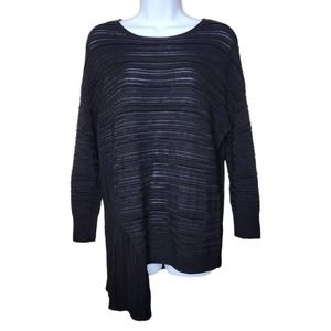St. John Sweater Asymmetrical Hem Black Ribbed 3/4 Sleeve Open Knit Size Medium